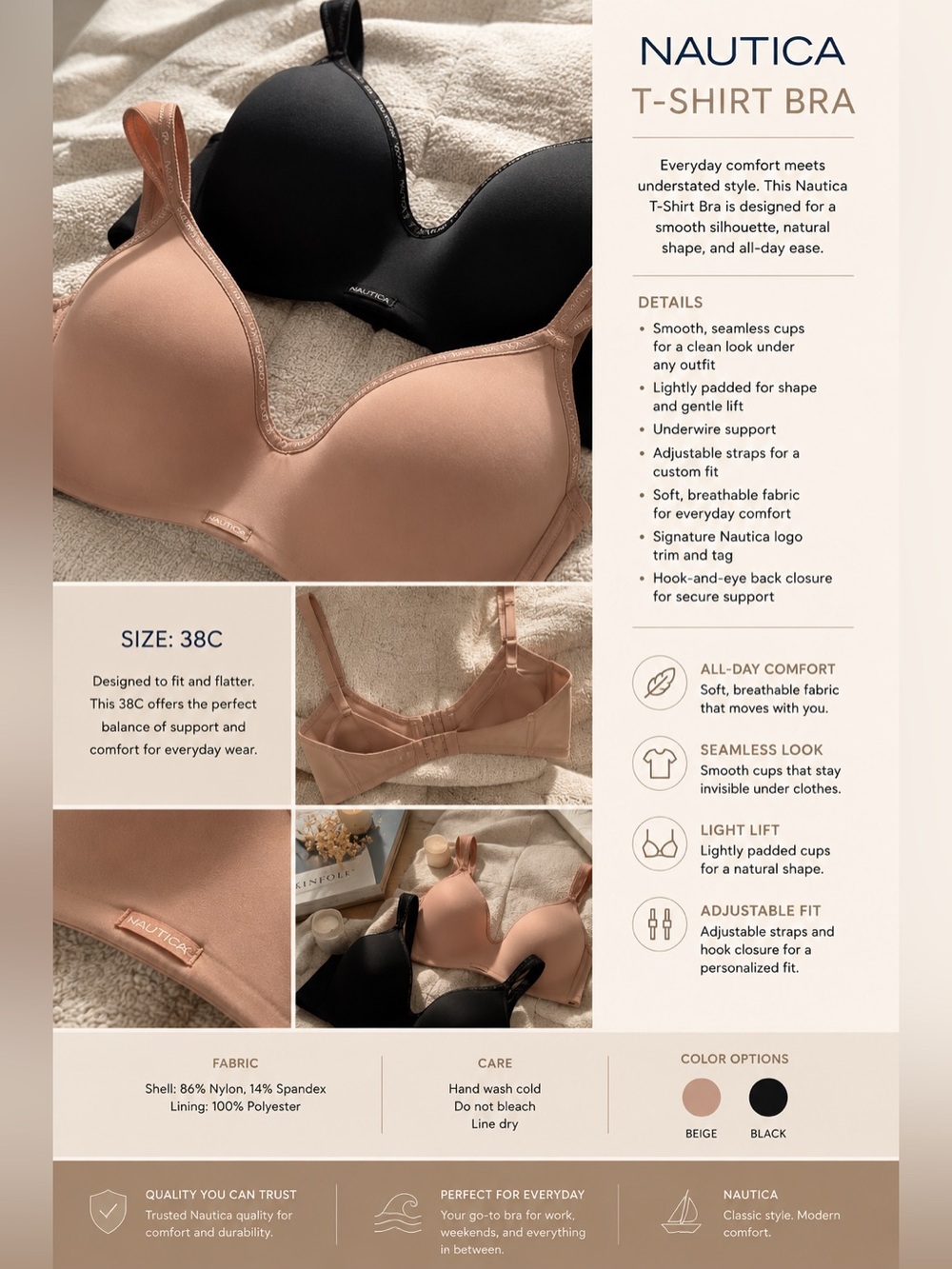 Nautica Black and Beige T-Shirt Bras 38C